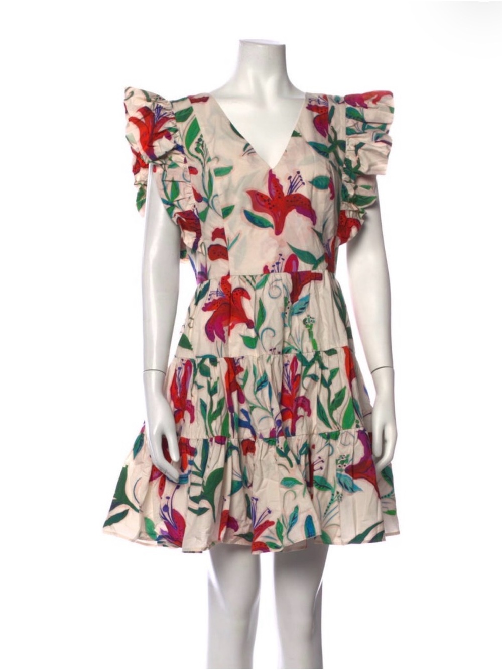Belulah Dress Tiered Belted Cream Mini w Red & Green Tropical Floral Print NWT